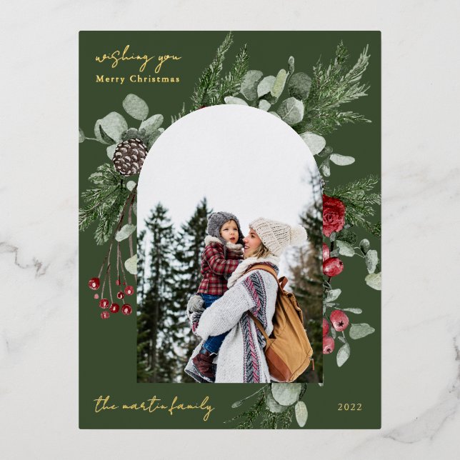 Winter Botanical Frame Photo Green Foil Holiday Postcard (Front)
