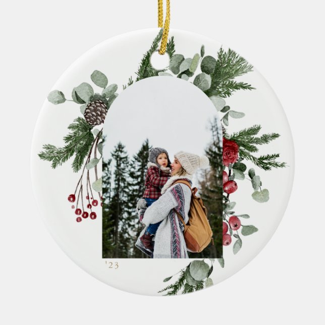 Winter Botanical Frame Photo White Ceramic Tree Decoration (Front)