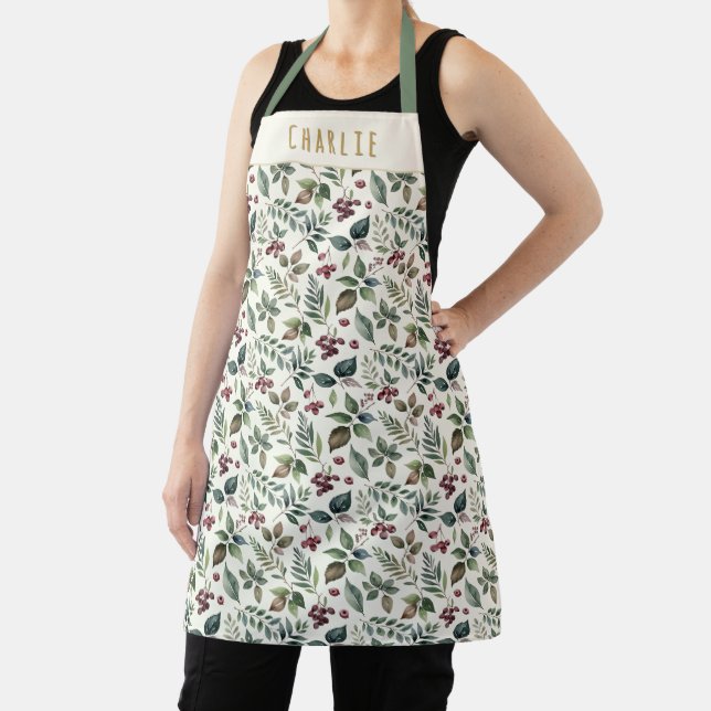 Winter Botanical Greenery Personalised Christmas Apron (Insitu)