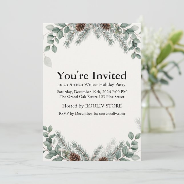 Winter Botanical Ivory Holiday Party Invitation (Standing Front)