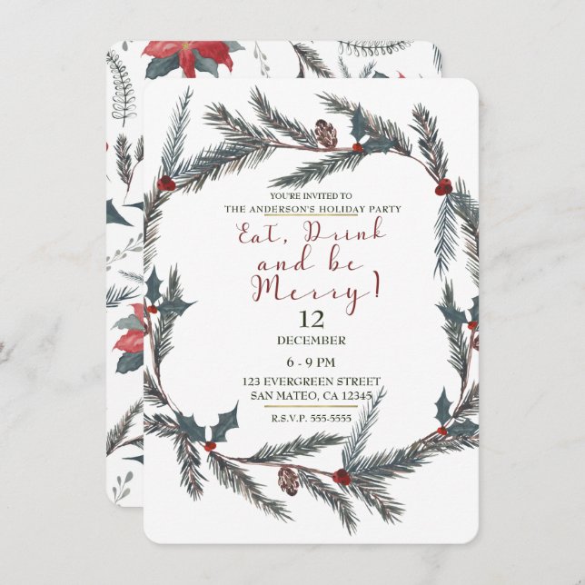 Winter Botanical Pine Berry Eat Drink Be Merry Invitation (Front/Back)