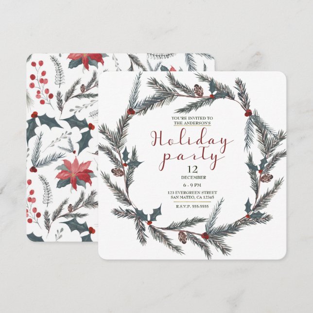Winter Botanical Pine Berry Wreath Holiday Party Invitation (Front/Back)