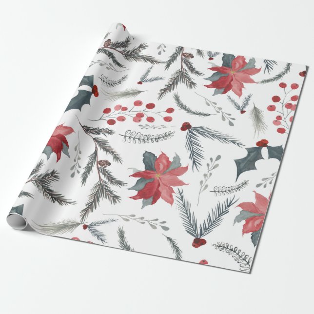 Winter Botanical Pine Berry Wreath Holiday Party Wrapping Paper (Unrolled)
