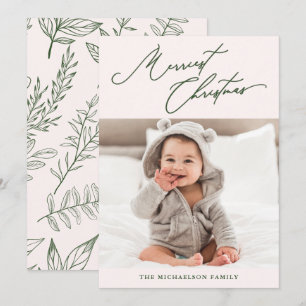 Winter Botanical Pink Merriest Christmas Photo Holiday Card