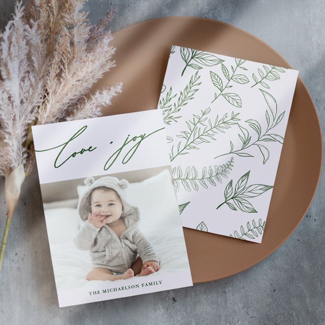 Winter Botanical Purple Love and Joy Script Photo Holiday Card (Creator Uploaded)