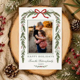 Winter Botanical Red Bow Christmas 4 Photo Holiday Card