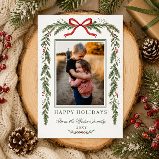 Winter Botanical Red Bow Christmas 4 Photo Holiday Card