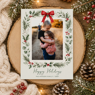 Winter Botanical Red Bow Christmas 4 Photo Holiday Card