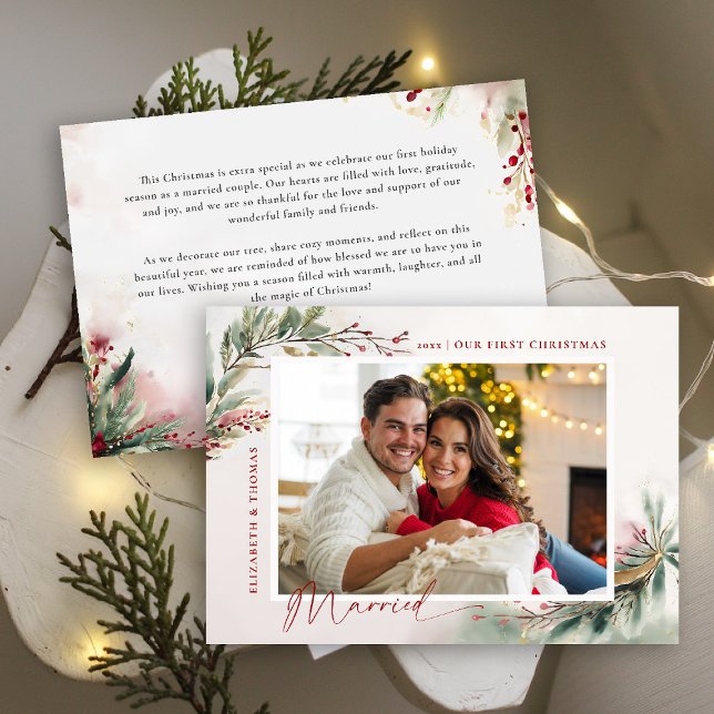 Winter Botanical Red Photo First Christmas Married Holiday Card (first christmas married romantic holiday christmas photo card watercolor winter greenery botanical)