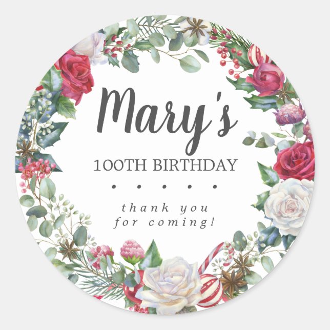 Winter Botanical Rose 100th Birthday Thank You Classic Round Sticker (Front)