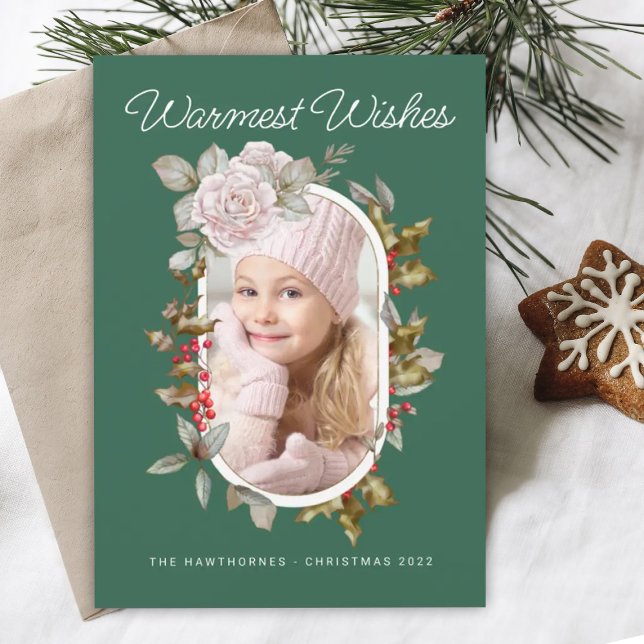 Winter Botanical Rose and Evergreens Photo Holiday Card (Creator Uploaded)