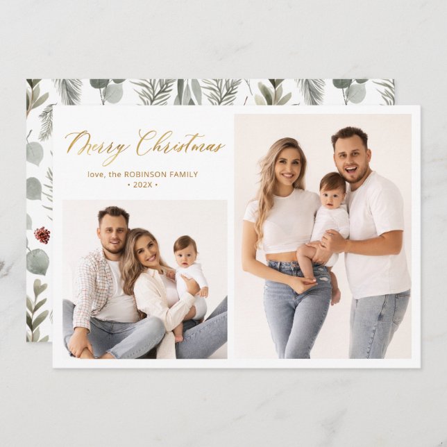 Winter Botanical Script 2 Photo Collage Christmas  Holiday Card (Front/Back)