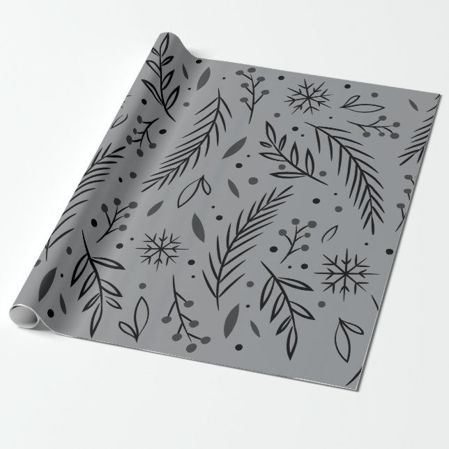 Winter Botanical Wrapping Paper – Grey & Black (Unrolled)