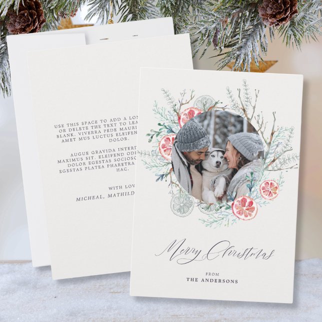 Winter Botanicals Beige Photo Merry Christmas Holiday Card (Mockup view)