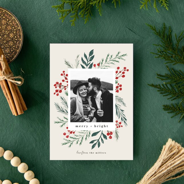 Winter Botanicals Christmas Photo Beige Holiday Card (Creator Uploaded)