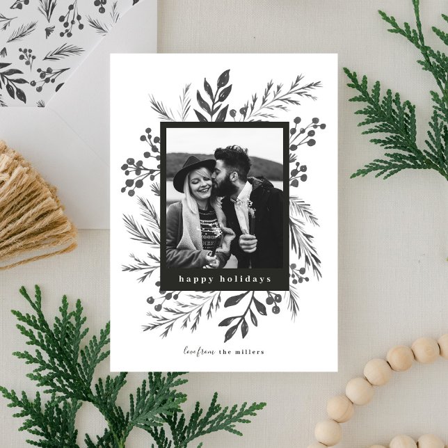 Winter Botanicals Christmas Photo Black and White Holiday Card (Creator Uploaded)