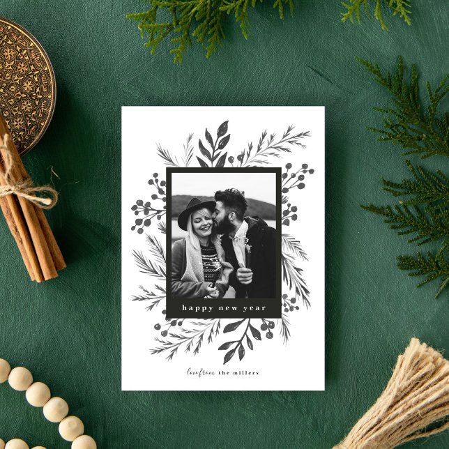 Winter Botanicals Christmas Photo Black and White Holiday Card (Creator Uploaded)