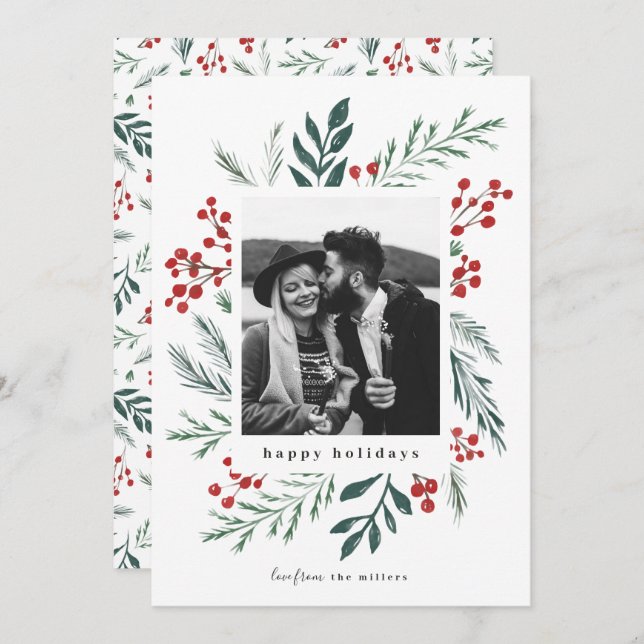 Winter Botanicals Christmas Photo Classic Colours Holiday Card (Front/Back)