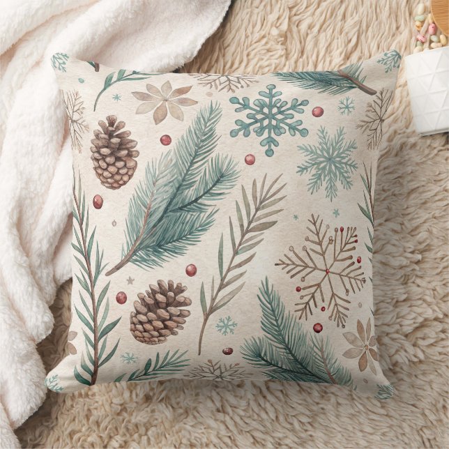 Winter Botanicals & Snowflakes - Rustic Holiday Cushion (Blanket)