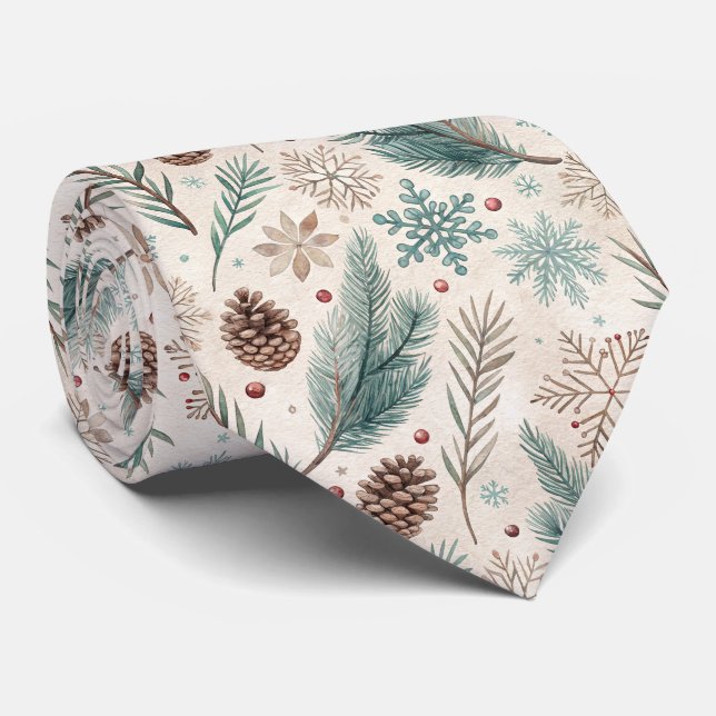 Winter Botanicals & Snowflakes - Rustic Holiday Tie (Rolled)