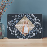 Winter Bouquet | Hanukkah Photo Holiday Card<br><div class="desc">Elegant holiday photo card features a favourite photo surrounded by a geometric border of delicate blue botanical foliage and tiny watercolor flower blossoms on a dark navy background. "Joy and light" appears at the upper left corner in white lettering,  with your family name at the lower right.</div>