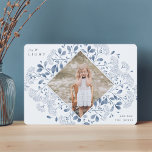 Winter Bouquet | Hanukkah Photo Holiday Card<br><div class="desc">Elegant holiday photo card features a favourite photo surrounded by a geometric border of delicate blue botanical foliage and tiny watercolor flower blossoms on a pale blue background. "Joy and light" appears at the upper left corner,  with your family name at the lower right.</div>