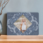Winter Bouquet | Hanukkah Photo Holiday Card<br><div class="desc">Elegant holiday photo card features a favourite photo surrounded by a geometric border of delicate blue botanical foliage and tiny watercolor flower blossoms on a slate blue background. "Joy and light" appears at the upper left corner in white lettering,  with your family name at the lower right.</div>