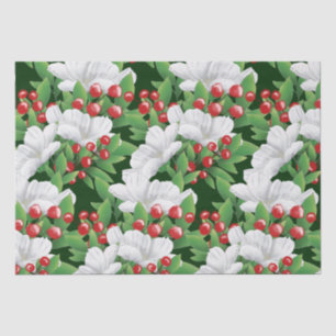 Winter Bouquet White Red Green Floral Dark Green Tissue Paper