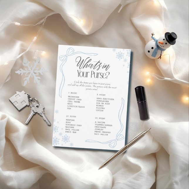 Winter Bow Blue What's In your Purse? Game Invitation (Winter Bow Blue What's In your Purse? Game)