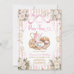 Winter Bow Let’s Par-tea Girl Birthday Snowflakes Invitation