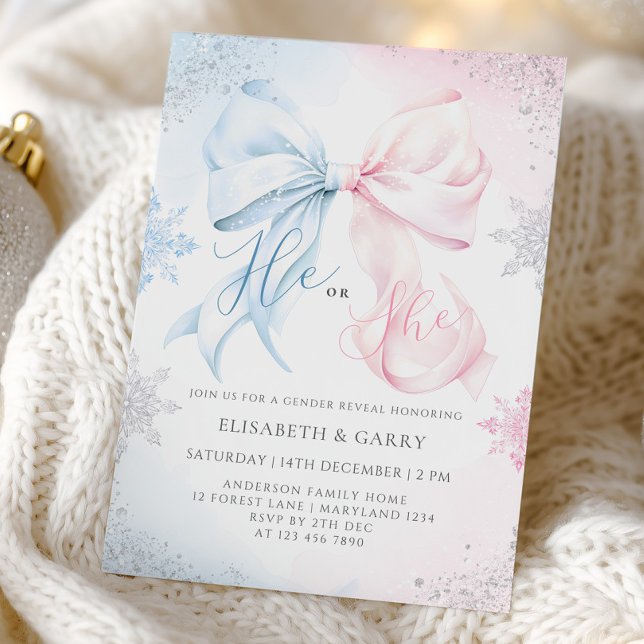 Winter Bows Snowflakes Gender Reveal Invitation (Creator Uploaded)