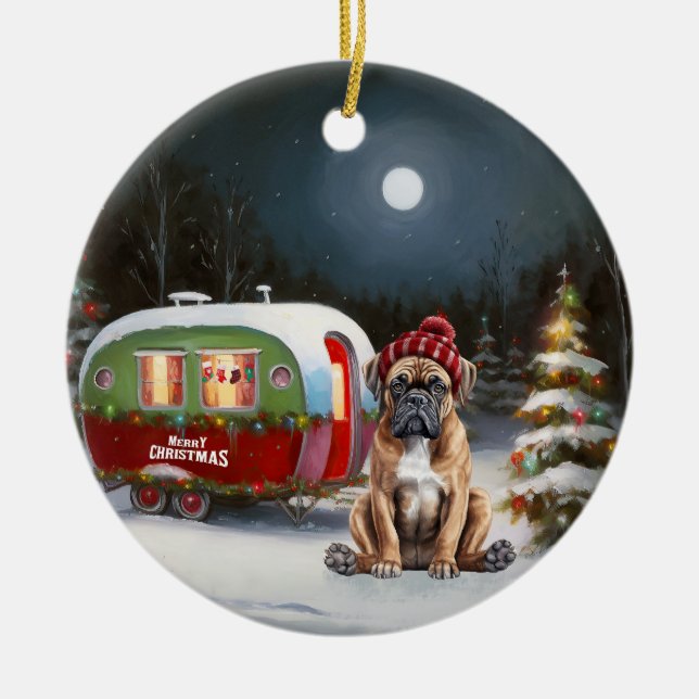 Winter Boxer Caravan Christmas Adventure Ceramic Tree Decoration (Front)