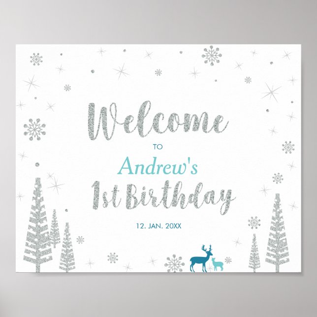 Winter Boy 1st Birthday Party Welcome Sign Poster (Front)