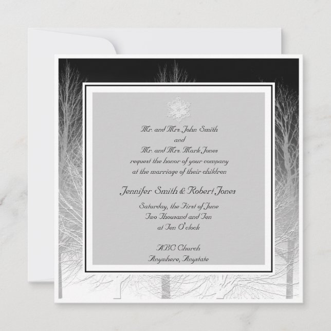 Winter Branches in Black White Wedding Invitation (Front)