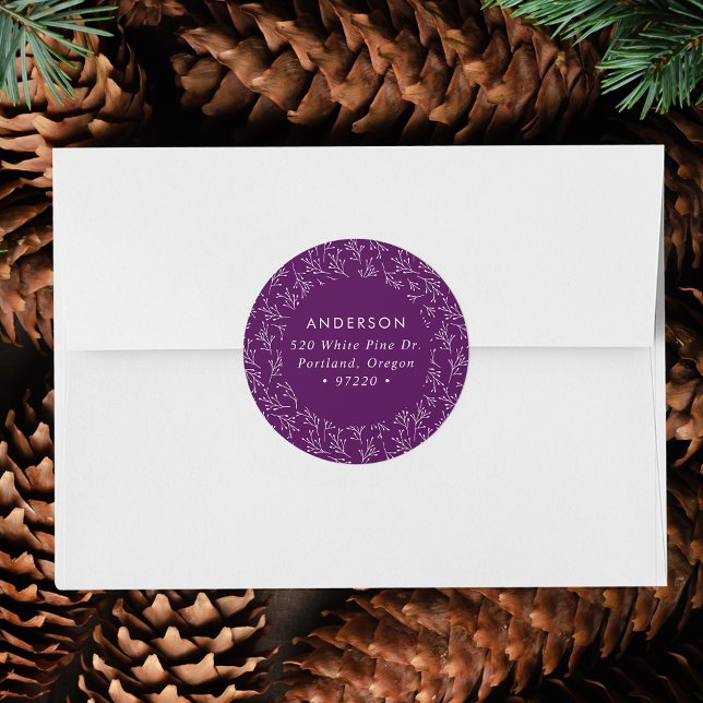 Winter Branches Purple Holiday Return Address Classic Round Sticker (Creator Uploaded)