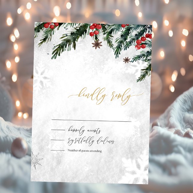 Winter Branches Red Berries Snowflake Wedding RSVP Invitation (Creator Uploaded)