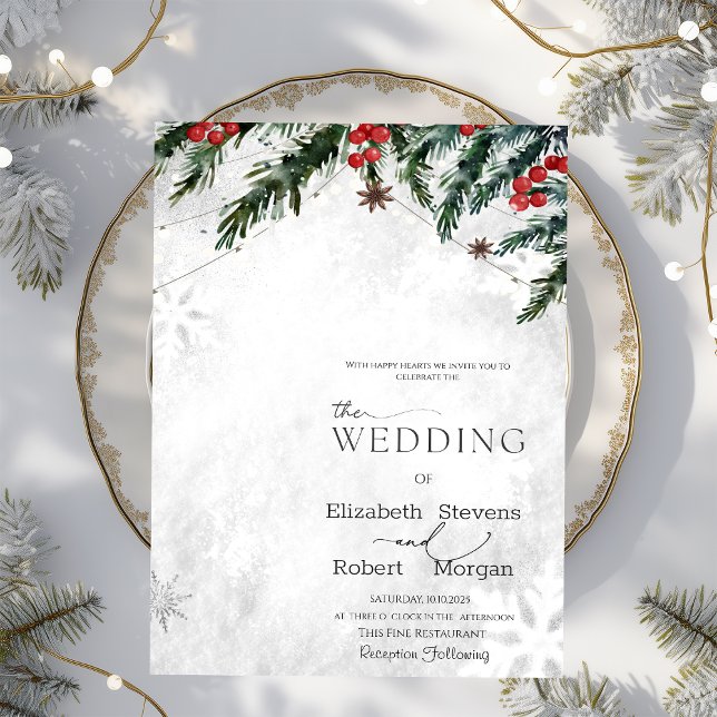 Winter Branches Red Berries Snowflakes Wedding  Invitation (Creator Uploaded)