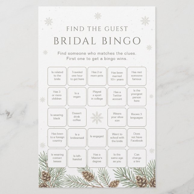 Winter Bridal Shower Bingo Game Find the Guest (Front)