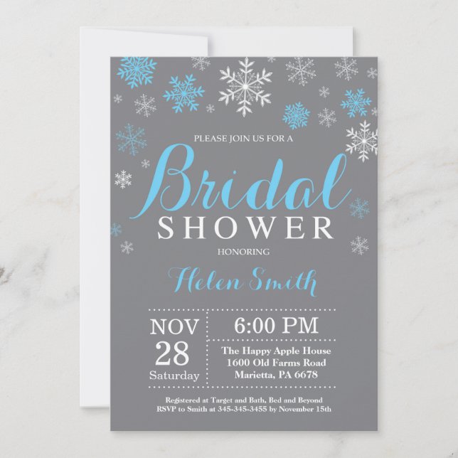 Winter Bridal Shower Blue Snowflake Grey Invitation (Front)