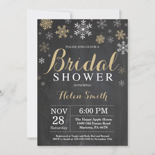 Winter Bridal Shower Gold and White Snowflake Invitation (Front)