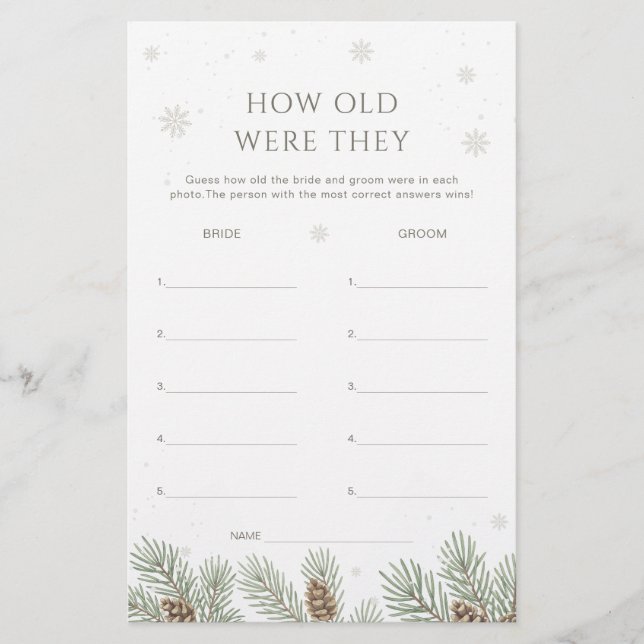 Winter Bridal Shower Guess the Age Game (Front)