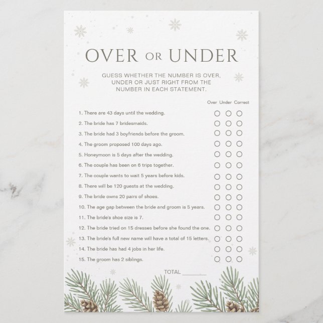 Winter Bridal Shower Over or Under Game (Front)