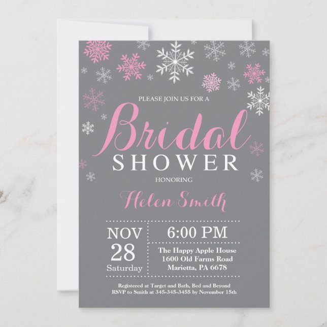 Winter Bridal Shower Pink Snowflake Grey Invitation (Front)