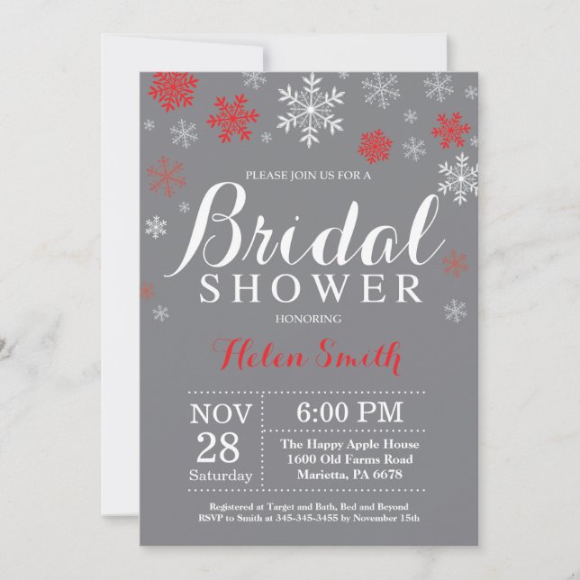 Winter Bridal Shower Red Snowflake Grey Invitation (Front)