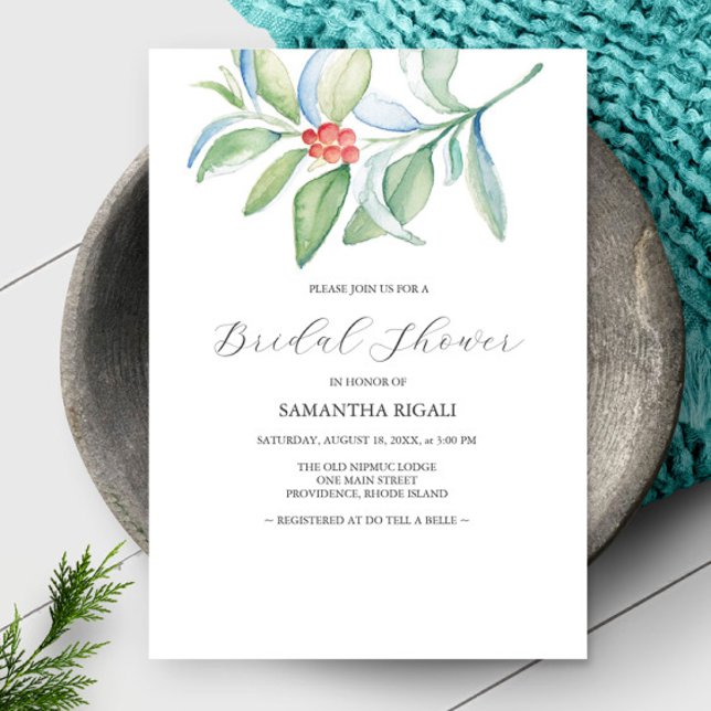 Winter Bridal Shower Theme Elegant Invitation (Winter bridal shower theme features unique watercolor art by Victoria Grigaliunas of Do Tell A Belle)