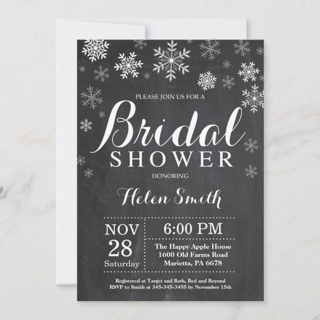 Winter Bridal Shower White Snowflake Chalkboard Invitation (Front)