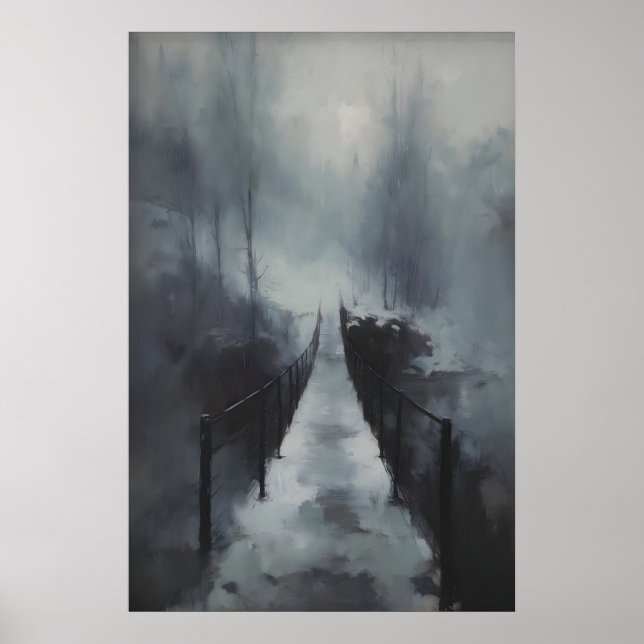 Winter Bridge Over Frozen Stream, Gothic Snowy Poster (Front)