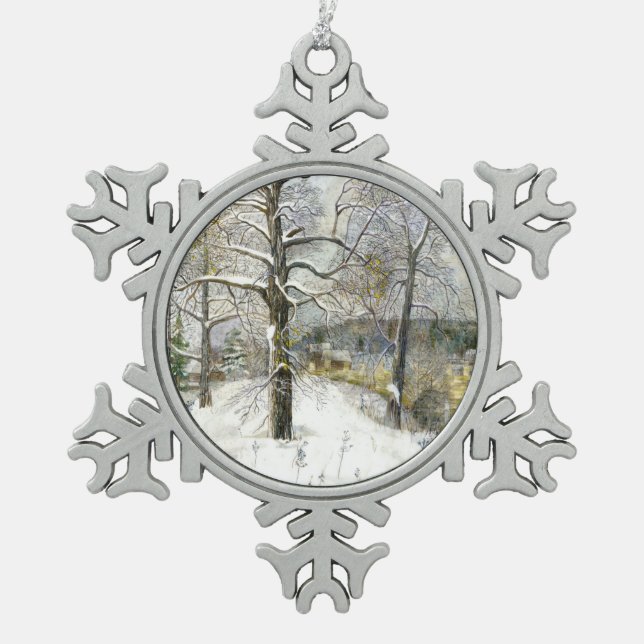 winter bridge snowflake pewter christmas ornament (Front)