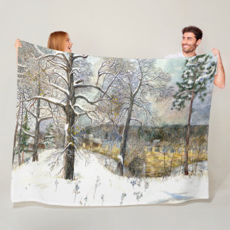 winter bridge Watercolor painting Fleece Blanket