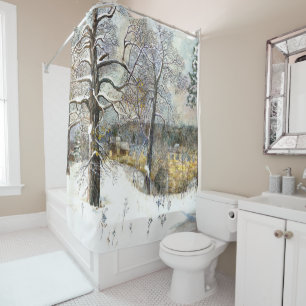 winter bridge Watercolor painting Shower Curtain